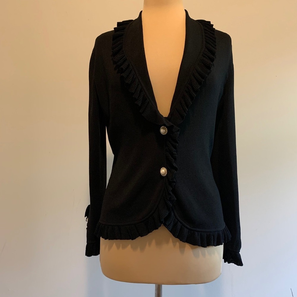 Vertigo Paris Black Ruffle Trim Pearl Button Womens Cardigan Sweater Top Medium - Picture 3 of 11